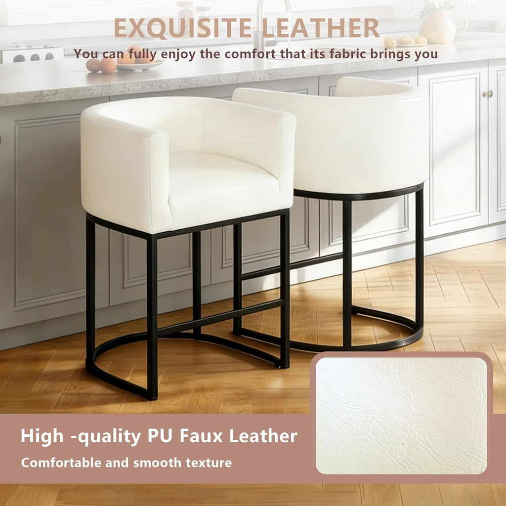 26" H Counter Height Bar Stools Set of 3, Modern Barrel Counter Chairs with Backrest and Arms, Faux Leather