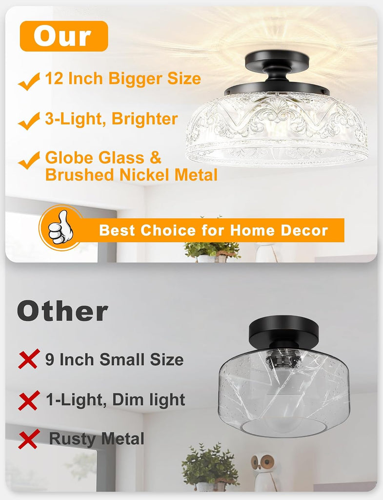 Semi Flush Mount Ceiling Light, 12 Inch Large Black Ceiling Light Fixture, 3-Light Globe Glass Industrial Kitchen