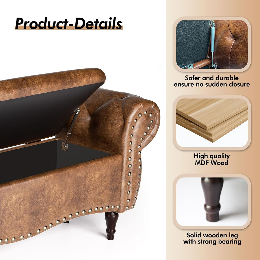Storage Ottoman Bench, 51" Length Upholstered End of Bed Storage Bench with Safety Hinge, Tufted Bed Benches with