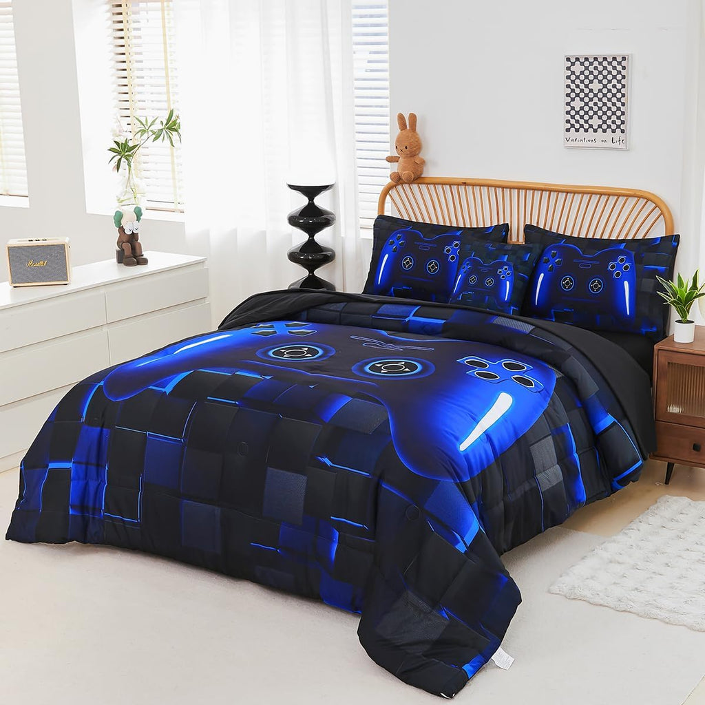 Bed in A Bag 6 Pieces Gaming Bedding Set for Boys Blue Gamer Comforter with Sheet Set for Kids Teen Cool Video