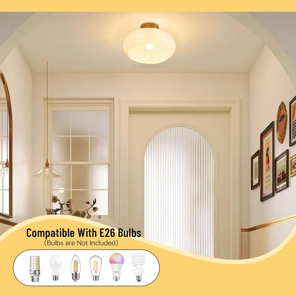 Mid Century Modern Ceiling Light - MCM Milk Glass Flush Mount with 11" White Dome Shade - Gold Brass Ceiling Lamp