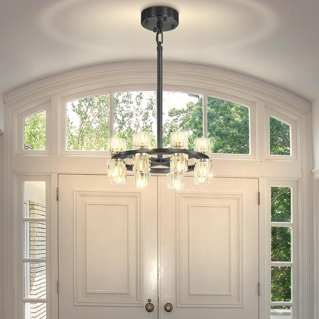 Inspired Arcachon Style Round Wagon Wheel Chandelier, 16" 16-Light Black — Foyer, Dining & Living Room