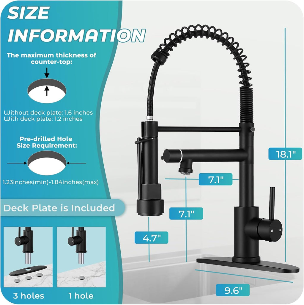 Kitchen Faucet with Pull Down Sprayer - Matte Black Single Handle Commercial Kitchen Faucets