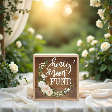 Roberts Honey Moon Fund box, Rustic Wood Card Box with Mixed Floral Garland Design for Weddings, Birthdays