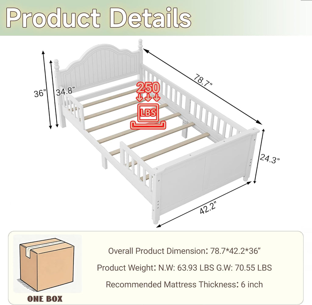 Twin Kids Bed Frame with Full-Length Guardrails, Low Profile Wood Platform Bed with Headboard & Footboard, Removable