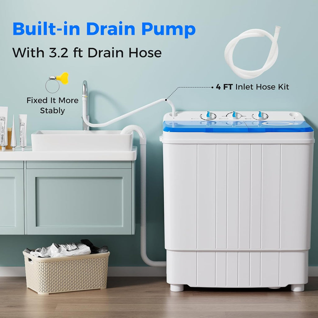 Portable Washing Machine, 17.6lbs Compact Washer Spinner Combo with Pump Drain, Twin Tub 11lbs Wash & 6.6lbs Spin