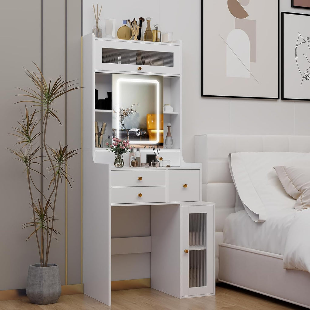 White Mini Vanity Desk with Sliding Mirror Lights and 5 Drawers | Makeup Vanities Set for Small Space,Compact