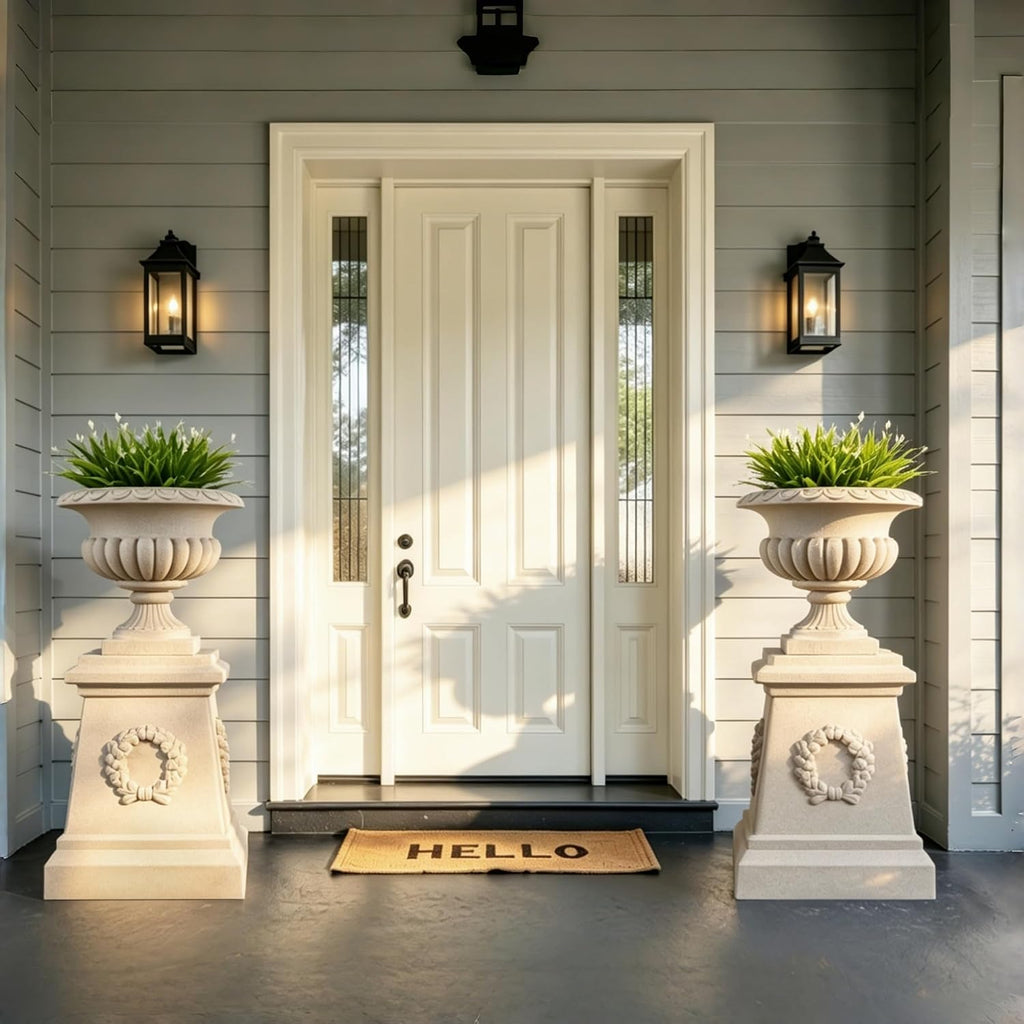 20" H Large Plastic Roman Urn Planter with 28" Tall Decorative Pedestal | Faux Sandstone/Marble Finish