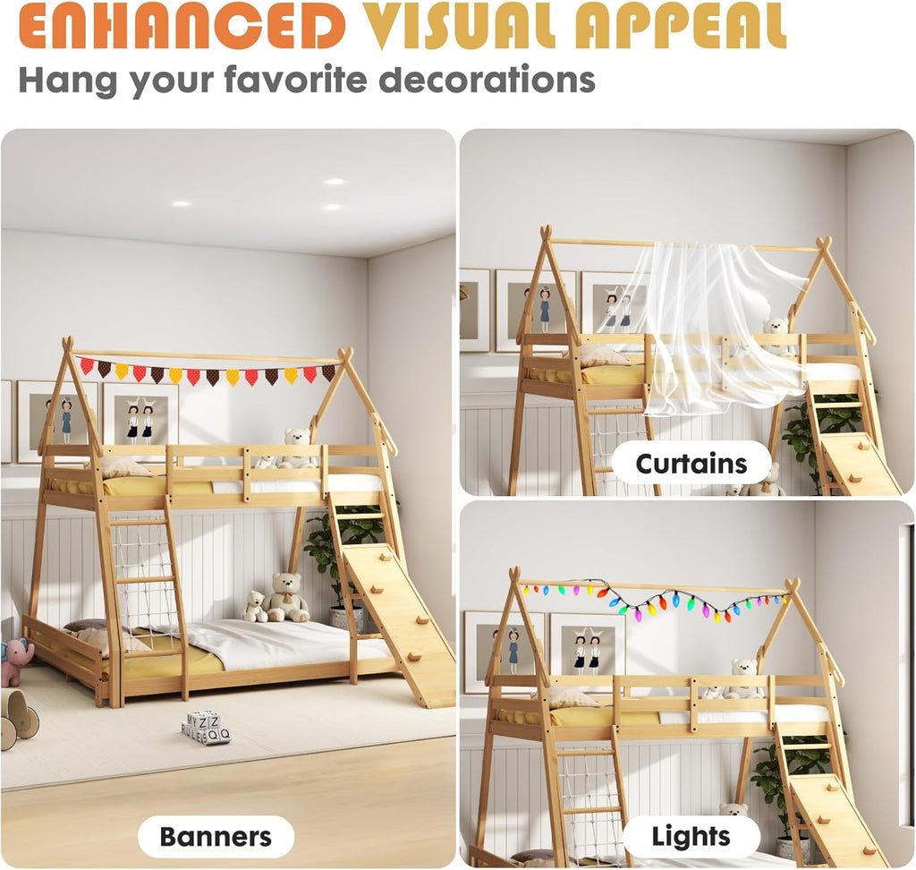 Bunk Bed Twin Over Full, Wooden House Bunk Bed with Climbing Nets & Ramp
