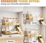 Bunk Bed Twin Over Full, Wooden House Bunk Bed with Climbing Nets & Ramp