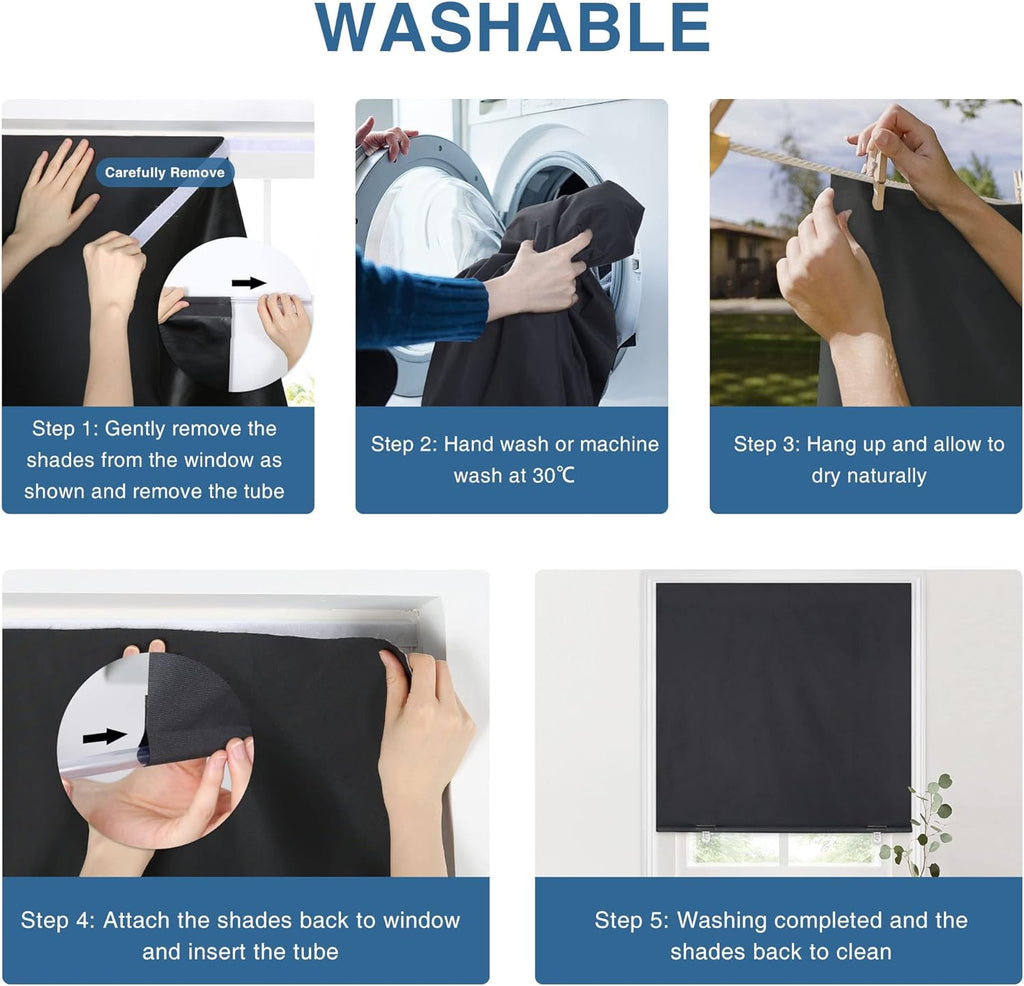 100% Blackout Roller Shades, No Tools No Drill Cordless Blinds for Windows, Thermal Insulated UV Protection Privacy