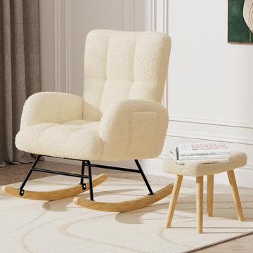 Rocking Chair Nursery with Ottoman,Teddy Upholstered Glider Rocker | High Backrest Reading Chair with Side Pockets