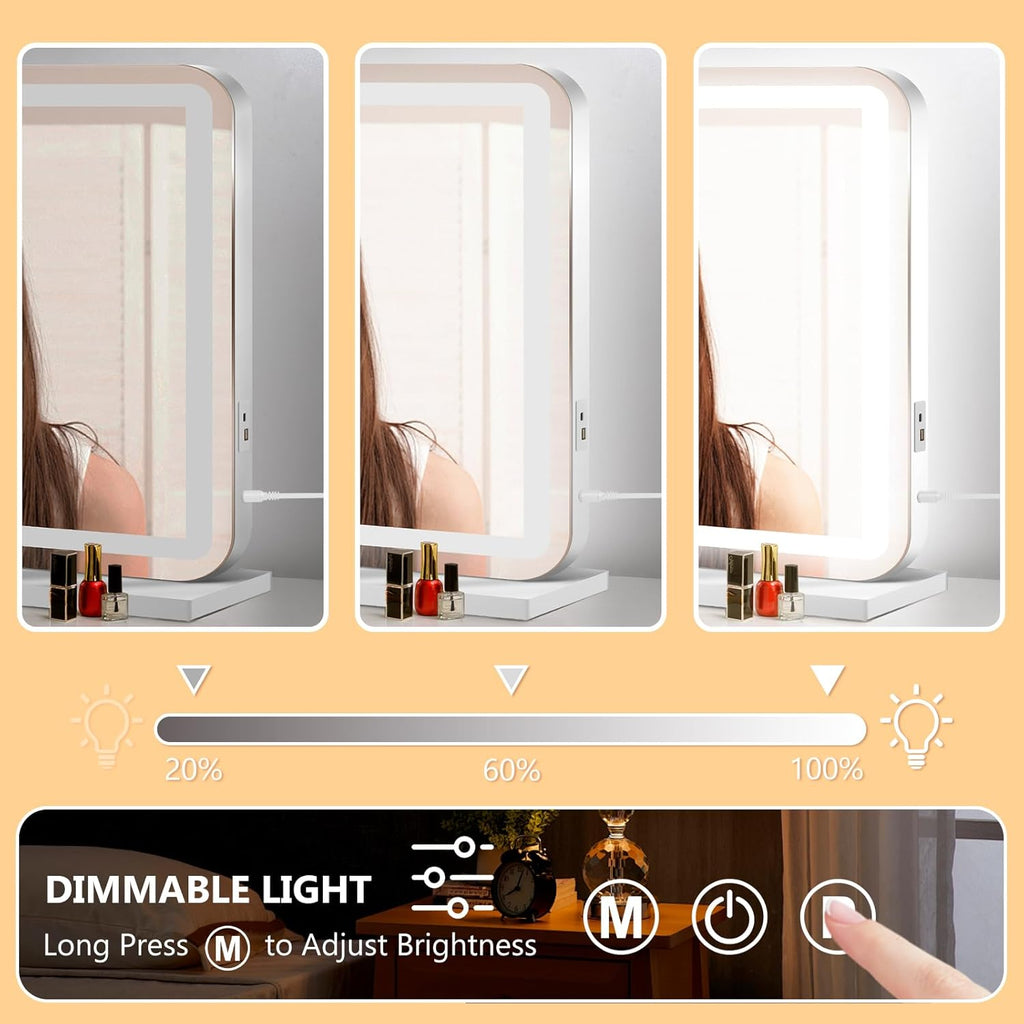 23" x 18" Vanity Mirror with Lights, Led Lighted Makeup Mirror with 3 Color Dimmable Lights, Touch Control, USB
