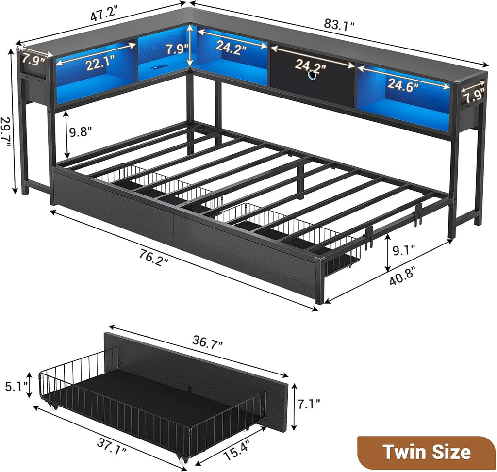 Twin Corner Bed Frame with Storage Drawers and Bookcase Headboard, Twin Size Metal Platform Corner Bed Frame with