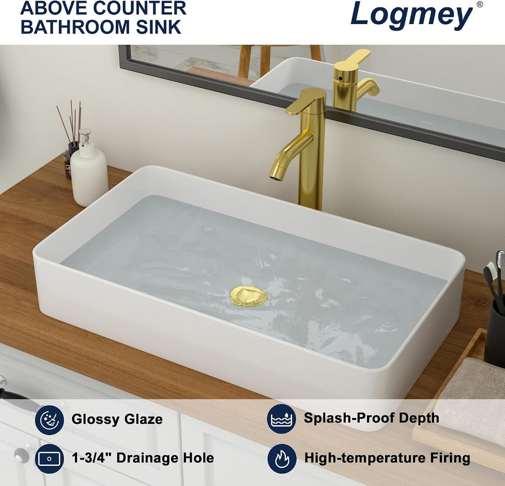 24" Bathroom Sink Dorp in 24x14 Large White Vessel Sink for Bathroom Porcelain Rectangule Ceramic Modern