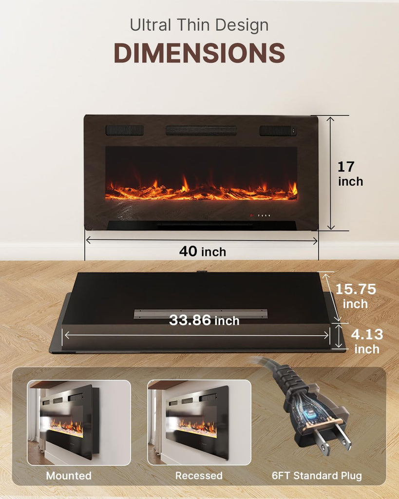 Electric Fireplace 40 Inch with 3 Remotes