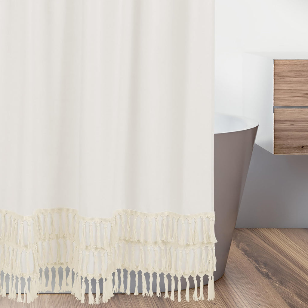 Minimalist Boho Chic Solid Ivory Cream Macrame Fringe Knotted Tassel Decorative Bathroom Fabric Bath Shower Curtain