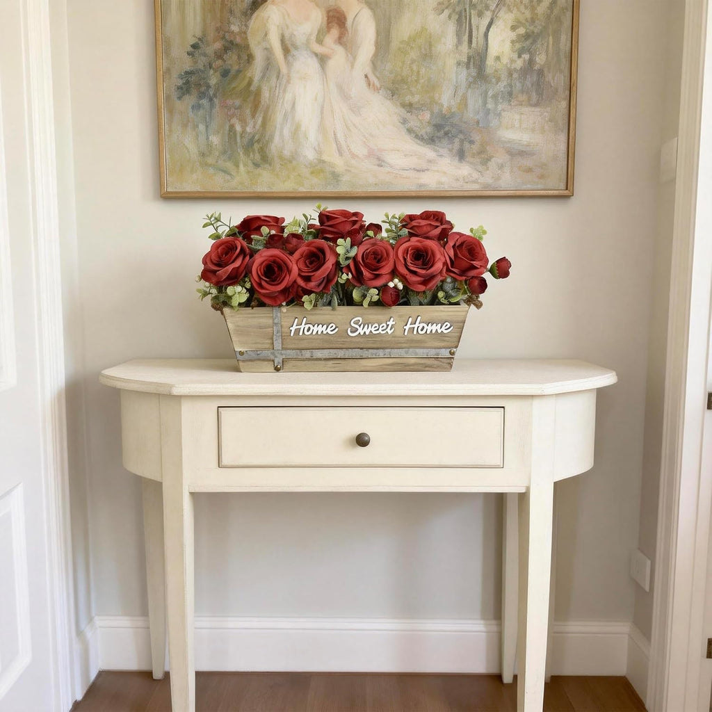 Artificial Rose Flower Arrangement with Eucalyptus in Wooden Planter, Faux Flowers Farmhouse Table Centerpiece