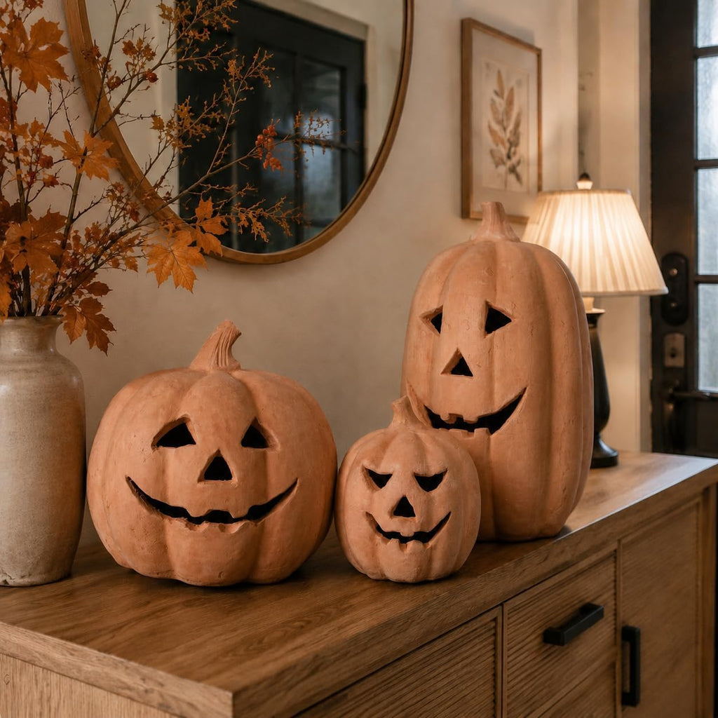 Fall Decor - Halloween Decorations - Handmade Terracotta Pumpkin Jack O' Lantern with Flameless Candle - Vintage