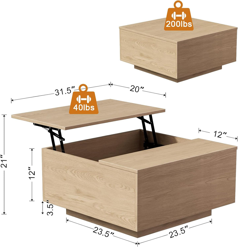Lift Top Coffee Table, Wood Square Coffee Table with Storage, Farmhouse Coffee Tables with Hidden Storage Compartment