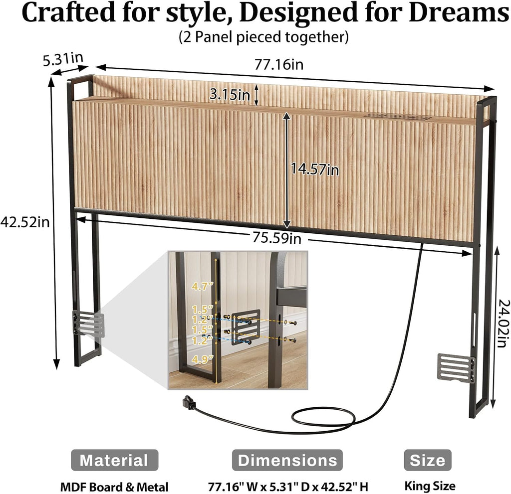 King Headboard Only with Outlets, Wall Mount Wood Fluted Headboard with Storage, Height Adjustable, Storage Rack