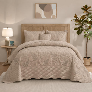 Botanical Oversized Bedspread - Leaves Pattern Stitching Quilt Set - Elegant & Fresh Style Bedding Coverlets