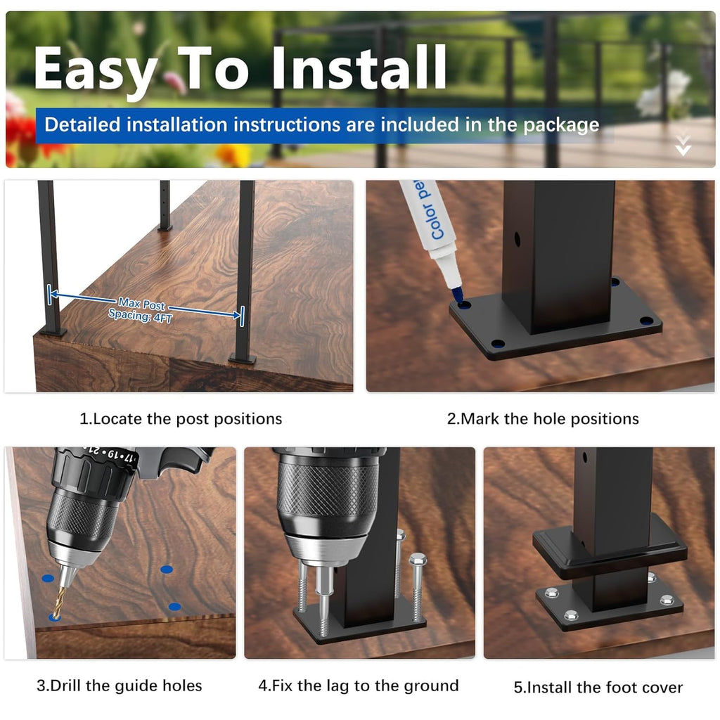 42" Modular Cable Railing Corner Post for Deck Porch, L-drilled