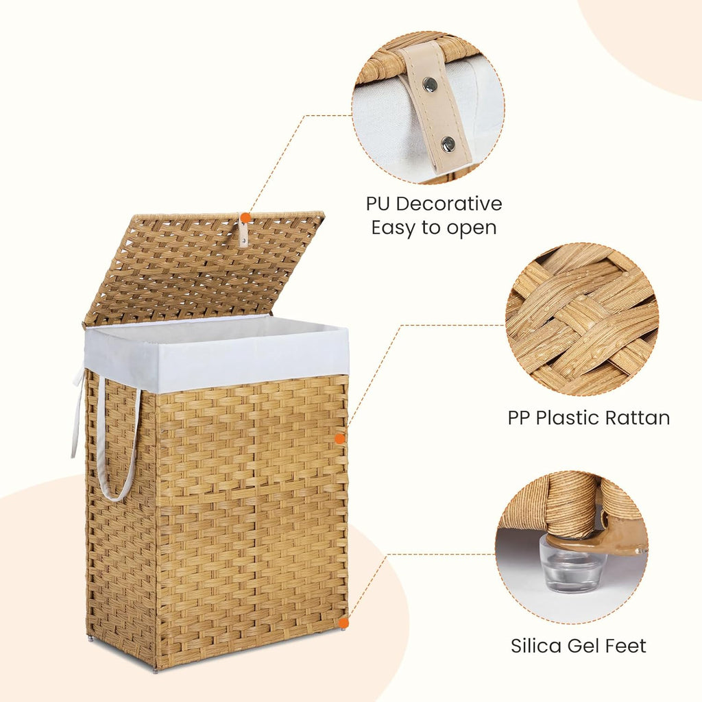 Woven Laundry Basket with Lid, 90L Large Capacity Hamper, Removable & Machine-Washable Liner, Foldable Rattan Clothes