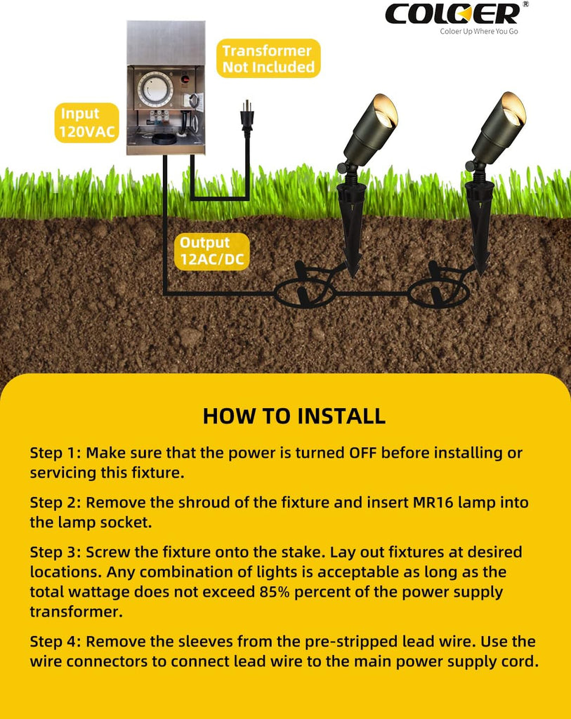 Die-cast Brass Low Voltage Spotlight 1-Pack with 5W Aluminum Housing MR16 LED Bulb 2700K 450LM CRI85+,12V AC/DC