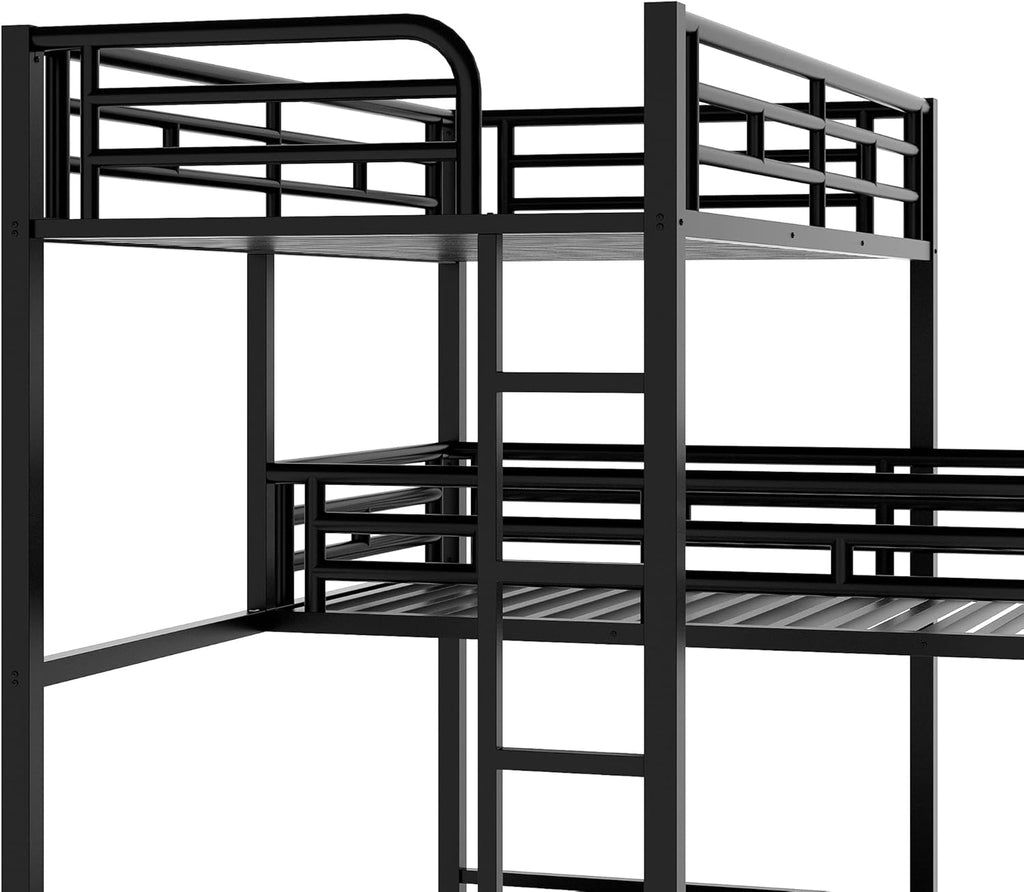 Metal Triple Bunk Bed Twin, L-Shaped Metal Triple Bunk Bed Frame, 3 Beds Bunk Bed for Kids Teens Adults - Black