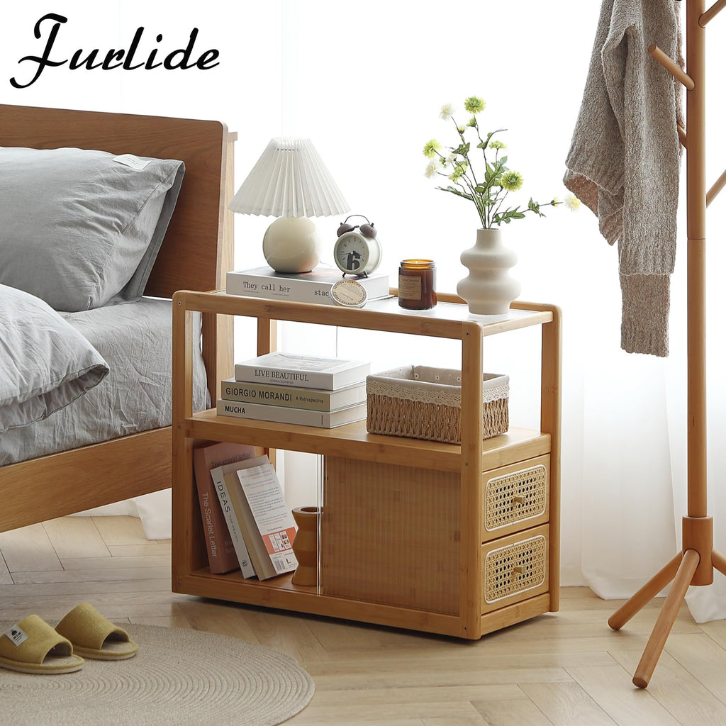 Rattan Nightstand Side Table with Storage, Bamboo Nightstand Bedside Table, Glass Mid Century Modern End Tables for