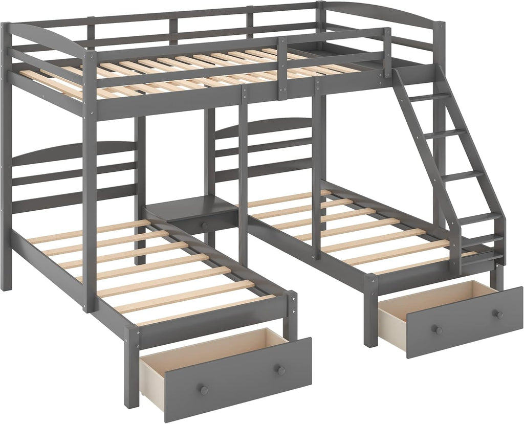 Full Over Twin Bunk Bed Frame,Triple Bunk Bed with Drawers, Gray
