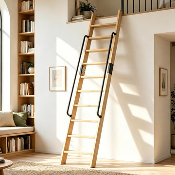10.8FT Solid Wood Rolling Library Ladder, Industrial Style Loft Ladder with Double Handrails, 10 Steps Attic Ladder