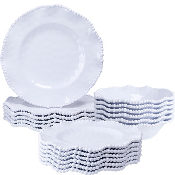 White Beaded Melamine Dinnerware Set, 18 piece Plates and Bowl Set