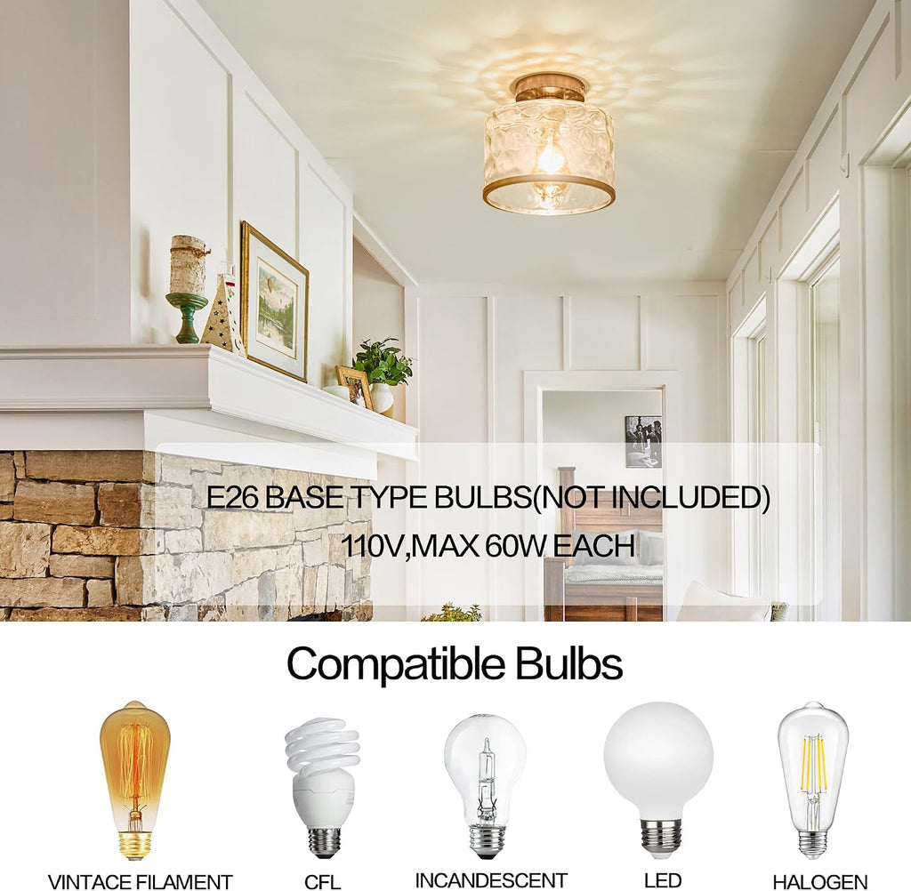 Modern Semi Flush Mount Ceiling Light with Industrial Clear Hammered Glass Lampshade, Farmhouse Ceiling Lights