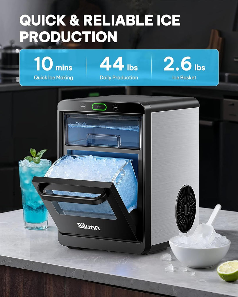 Nugget Ice Maker Countertop, Crushed Ice Maker & Pebble Ice Machine Produces 44lbs/24h with Front Pull-Out Water Tank