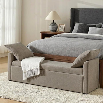 59" Storage Bench with 2 Throw Pillows & Armrests, Brown | Modern Long Bedroom Bench for End of Bed, Comfy