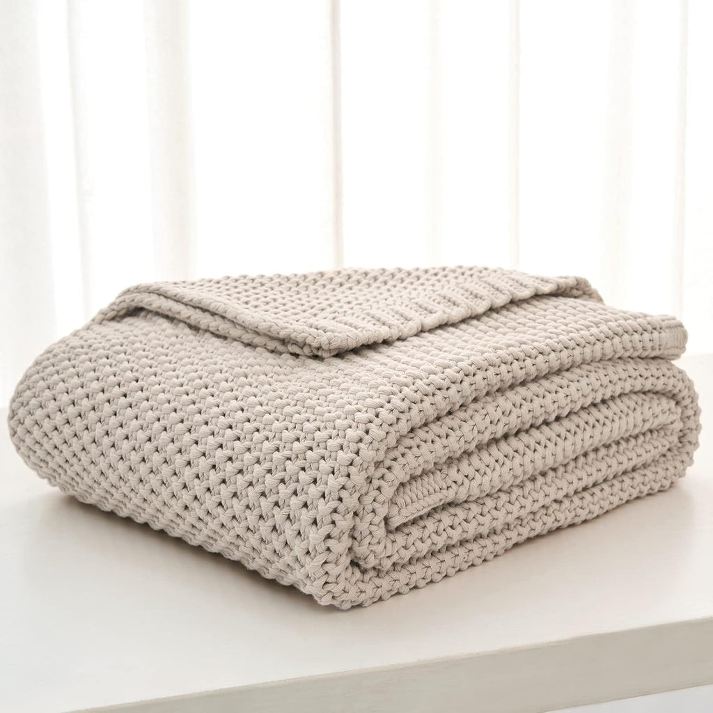 Chunky Cable Knit Throw Blanket Lightweight Beige 100% Organic Cotton Blanket, Rustic Shabby Chic Modern Farmhouse
