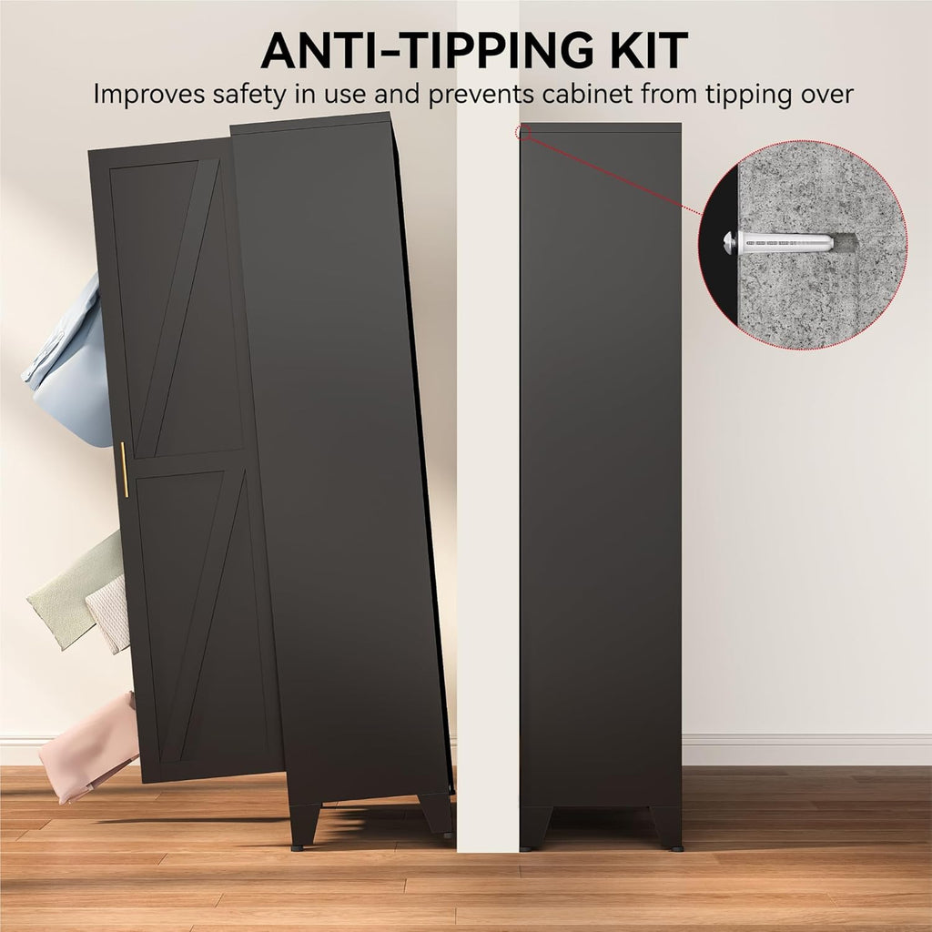 Black Metal Wardrobe Closet, Reversible 2-Section Design with Hanging Rod & Adjustable Shelves, 71" Freestanding