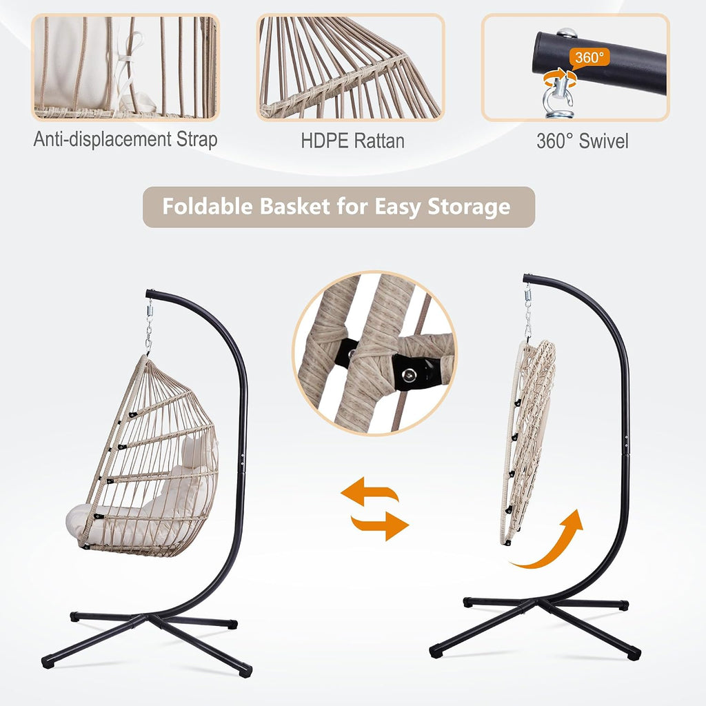 Foldable Hanging Egg Chair with Stand and Pillow, HDPE Rattan and Heavy Duty Aluminum-Steel Frame, Outdoor Patio