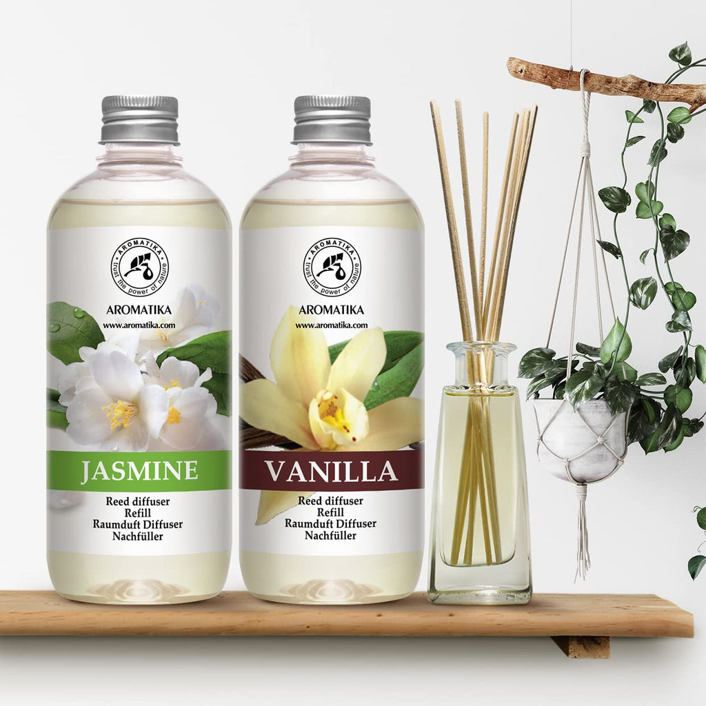Reed Diffuser Refill Set Vanille & Jasmine with Jasmine Essential Oil 34 Fl Oz - 2 x 500ml - Fragrance Oil Reed