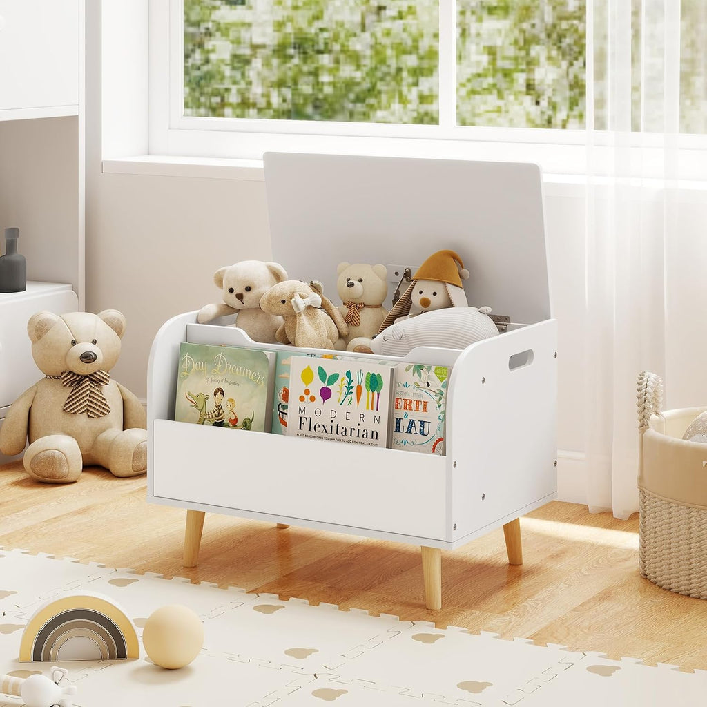 Kids Wooden Toy Box w/Front Bookshelf, Toy Storage Organizer w/ 4 Solid Wood Legs, Flip-top Lid, Safety Hinge &
