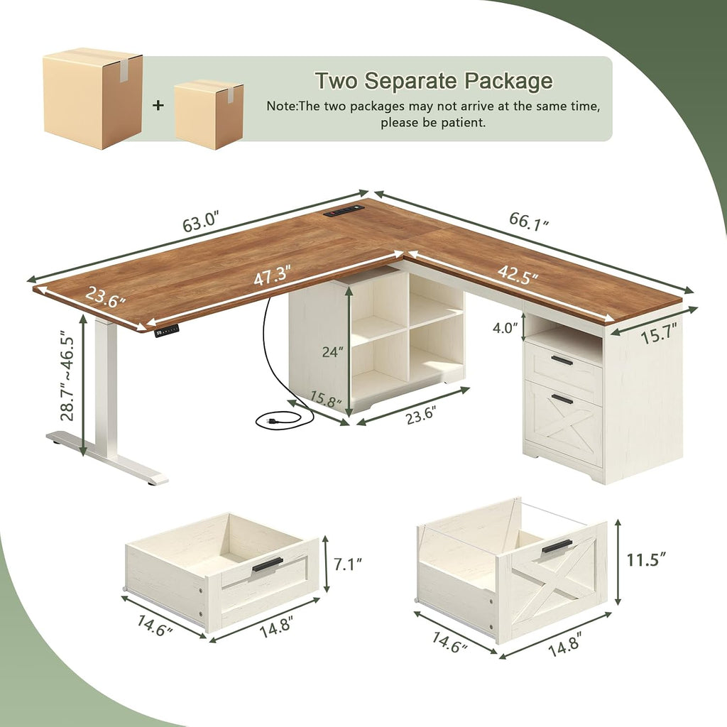 66 inch Farmhouse L Shaped Standing Desk with Storage | Corner Electric Standing Desk with Drawers & Storage Shelves