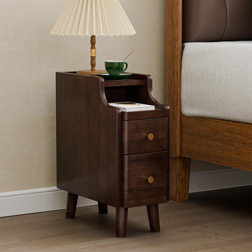 Nightstand, Pre-Assembled, 19.7"H Solid Wood Night Stand with 2 Drawers, Open Sliding Shelf, Mid Century Modern Small