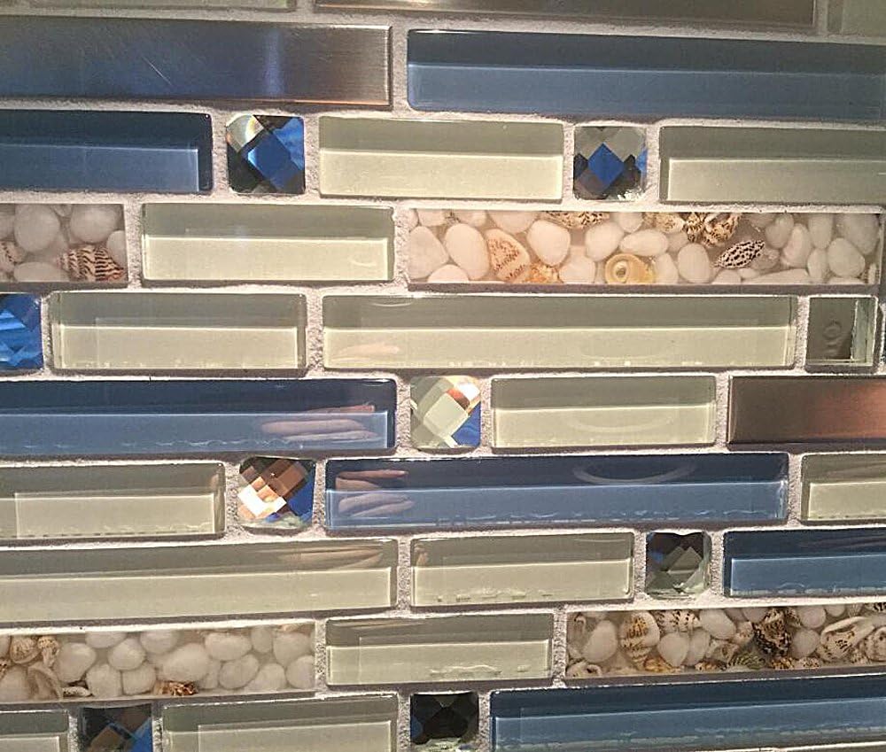 Beach Style Tile Real Seashell Inside Blue Cream White Brushed Steel Art Mosaic Kitchen Backsplash Bath Decor (Pack