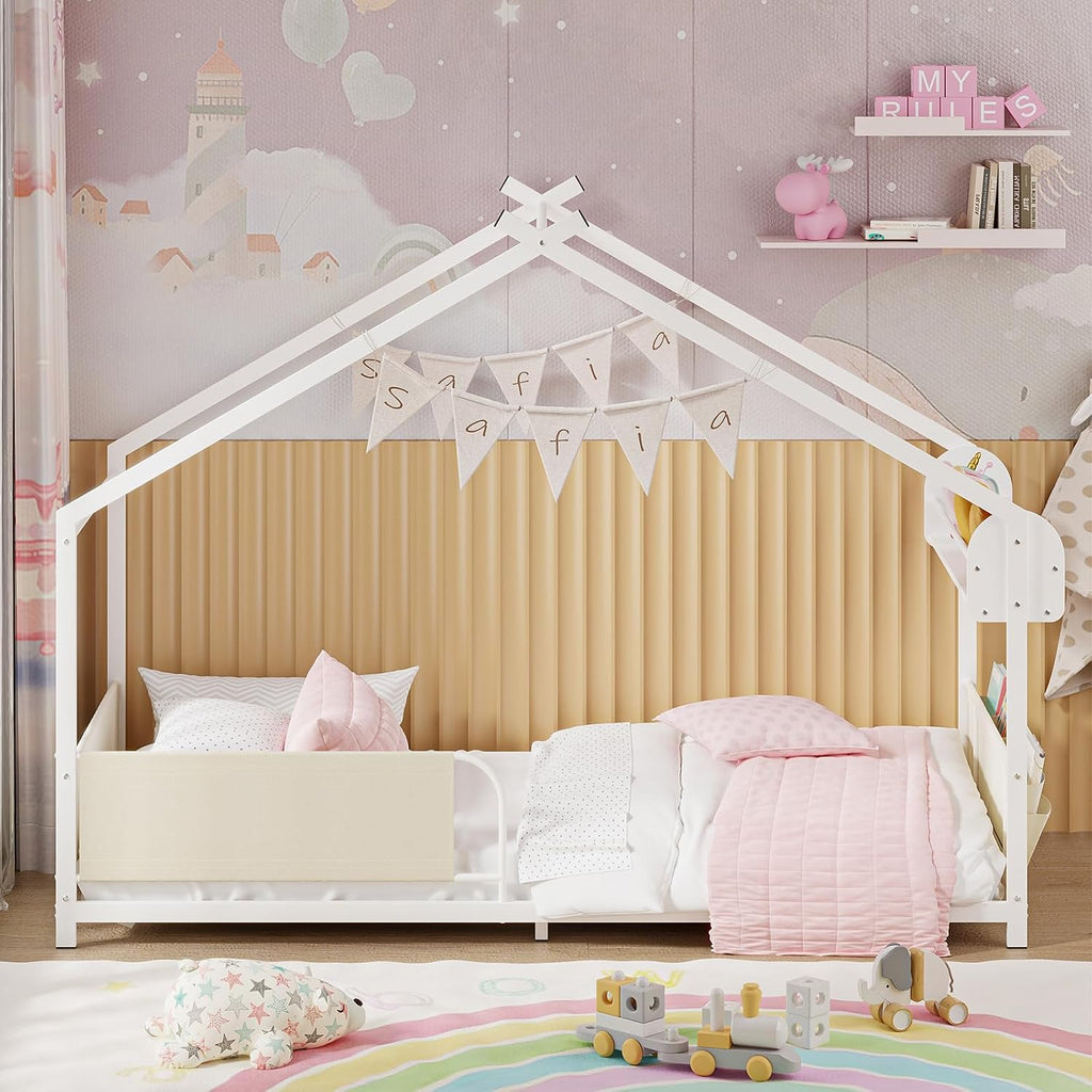 Twin Size House Bed with Storage Rack and Caddy | Montessori House Shape Bed Metal Floor Bedframe for Kids No Box
