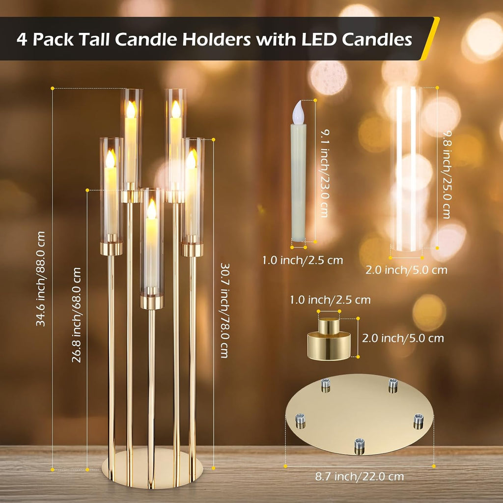 Gold Candelabra 4 Set 34.6'' Tall Candelabras Centerpieces for Tables, 5 Arm Candle Holders Centerpiece with Acrylic