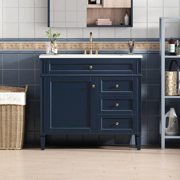 36'' Bathroom Vanity Without Resin Sink, Solid Wood Frame Modern Storage Cabinet with Tip-Out Drawer & Soft Closing Doors, Blue