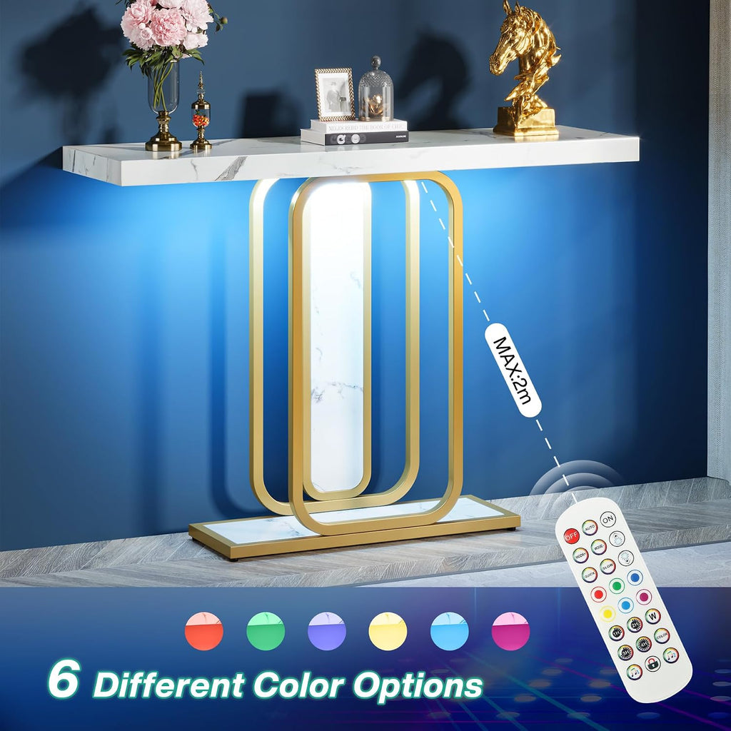 Modern Gold White Console Table with LED Lights, 41.3 Inch Entryway Hallway Foyer Accent Table with Faux Marble