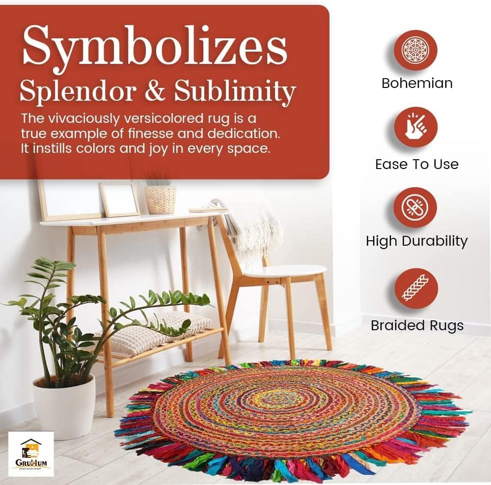 Jute Area Rug 6ft-Natural Fiber Round Cotton Fringes Handmade Boho Multicolour Soft Braided Rustic V